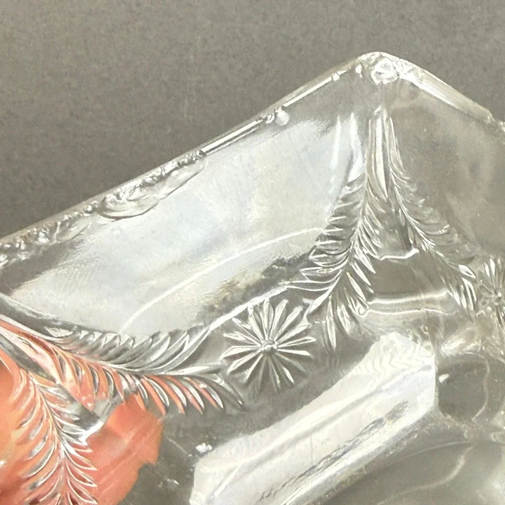Pressed Glass Floral Etched Butter Dish with Lid, Hexagonal Base Clear Vintage